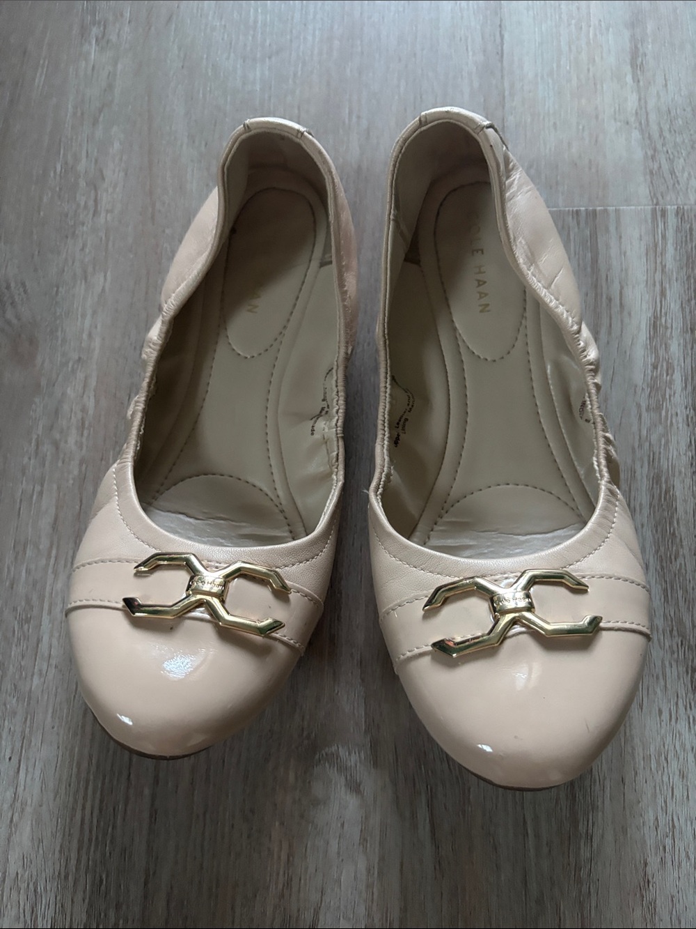 Cole Haan Patent Leather Ballet Flats in Light Nude with Gold Accent